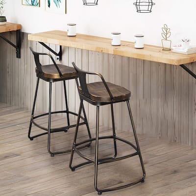 Swivel Bar Stools Set of 2 Metal Counter Height Barstools with Wooden Seat Low Back Industrial Bar Chairs