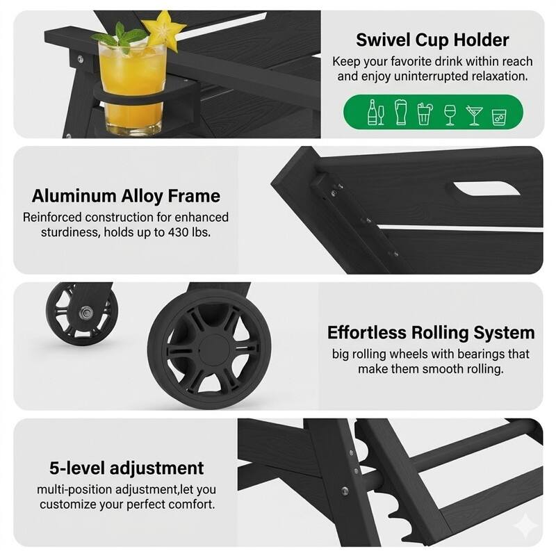 WINSOON All-Weather Outdoor Chaise Lounge Chair, 5-Level Adjustable Backrest with Cup Holder