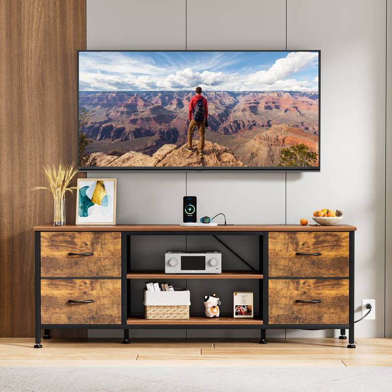 Dresser TV Stand with Power Outlet 4 Fabric Drawers for 60" TV Bedroom