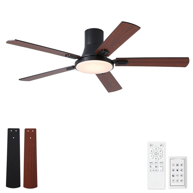 Sofucor 52 Inch Low Profile Flush Mount 5 Blades Ceiling Fan with Dimmable Light and Remote Control - 52 Inches