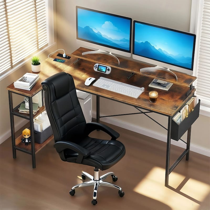 GDF Studio - Beaumont Modern Industrial Reversible L-Shape Computer Desk with Power Outlets - Black and Brown