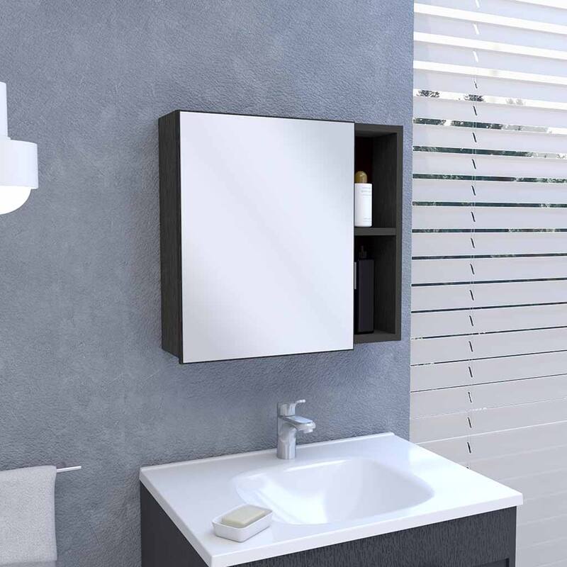 Medicine Cabinet with Mirror, Single Door, Two External Shelves, Wengue Finish, Three Internal Shelves, 13.7" W x 18" H
