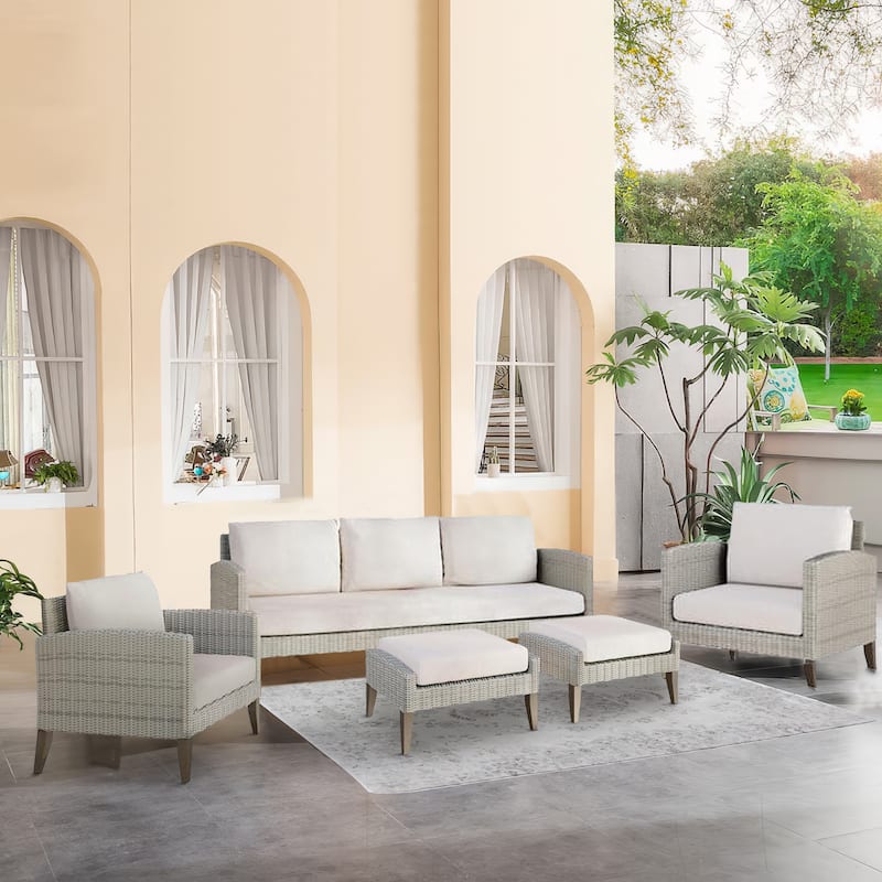 Azy 5pc Outdoor Sofa Set w Stools and Chairs, Woven Gray Frame, Taupe