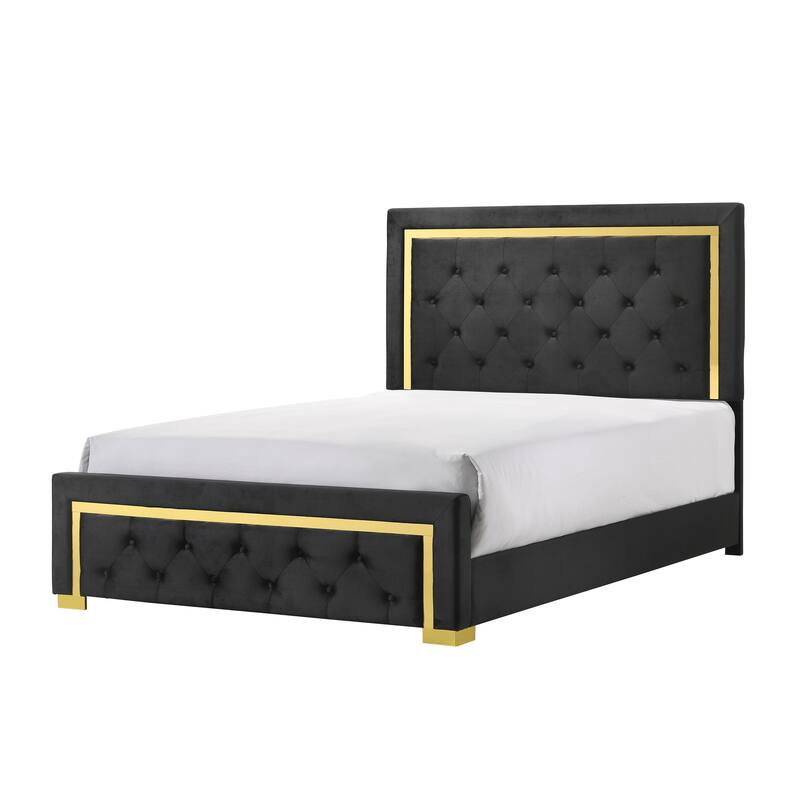 Hatty Black Velvet Upholstered Tufted Panel Bed - King