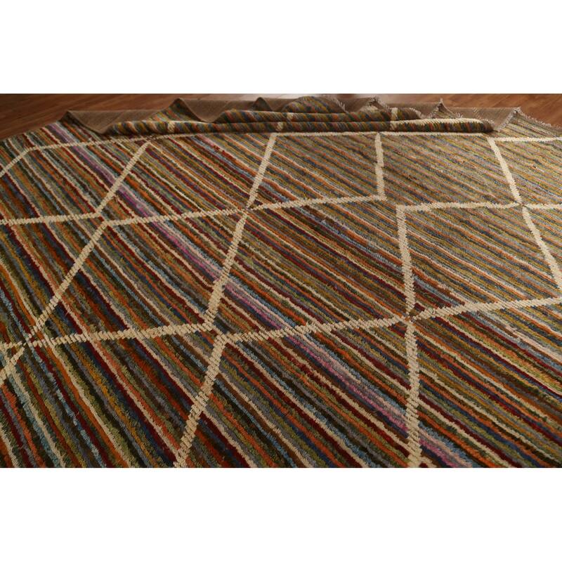 Hand Knotted Oriental 100% Wool Carpet Modern Stripe Multi-Colored Moroccan Area Rug - 13' 0'' X 9' 7''