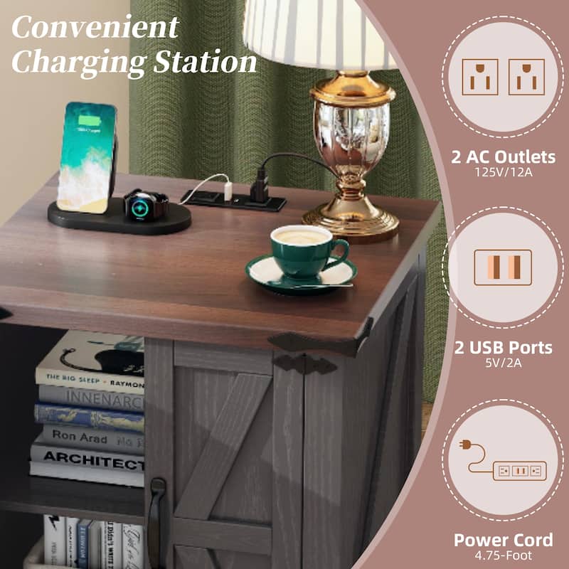 Farmhouse End Table Sofa Side Table with Charging Station