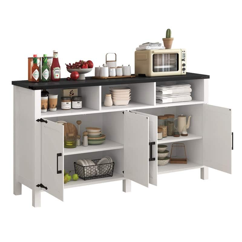 Modern 4-Door Sideboard Buffet with Power Outlets Adjustable Shelves and Half-Open Storage Design