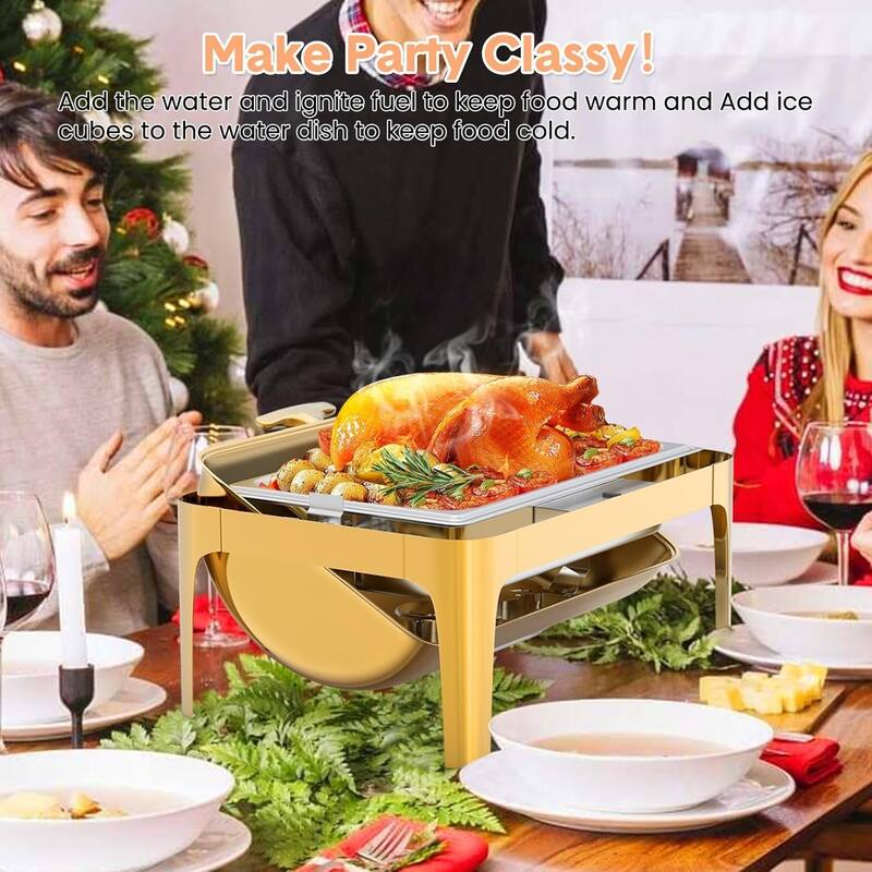 9QT Roll Top Chafing Dish for Buffet Retangle Food Warmer Server with Visible Lid Water Pan Stand Fuel Holder Clip - 9L