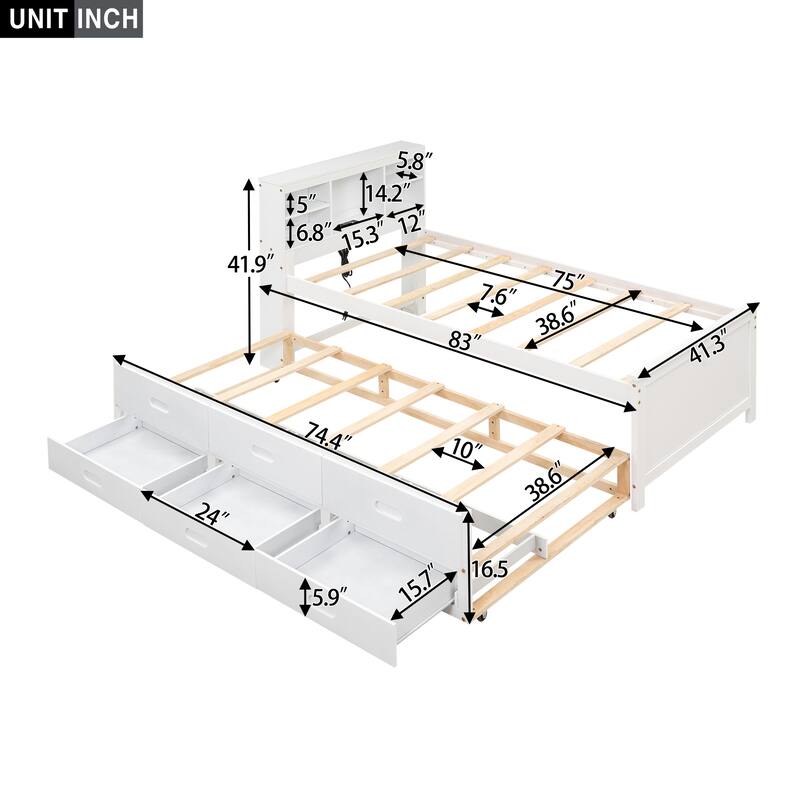 Twin Size Platform Bed with Storage Headboard, USB, Twin Size Trundle and 3 Drawers