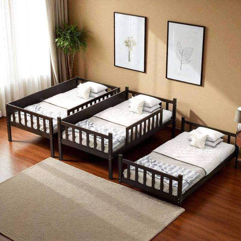 Twin over Twin over Twin Triple Bunk Bed, Solid Rubber Wood Detachable Bunk Frame with Ladders and Guardrails