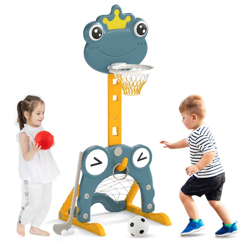 Green HDPE 4-in-1 Kids Sports Center with Adjustable Basketball Hoop and Toys - 21.5" L x 20.5" W x 44.5"-58" H