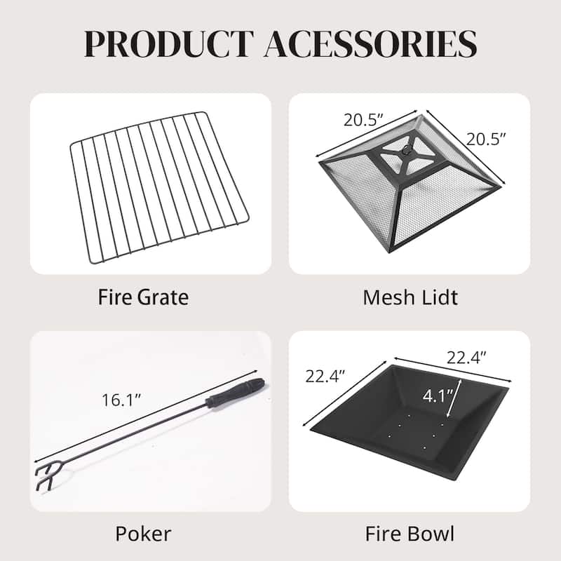 32Inch Outdoor– Wood Burning Fire Pit with Mesh Lid and Fire Picker, Outside Small Fire Pits for Backyard, Porch, Deck, BBQ