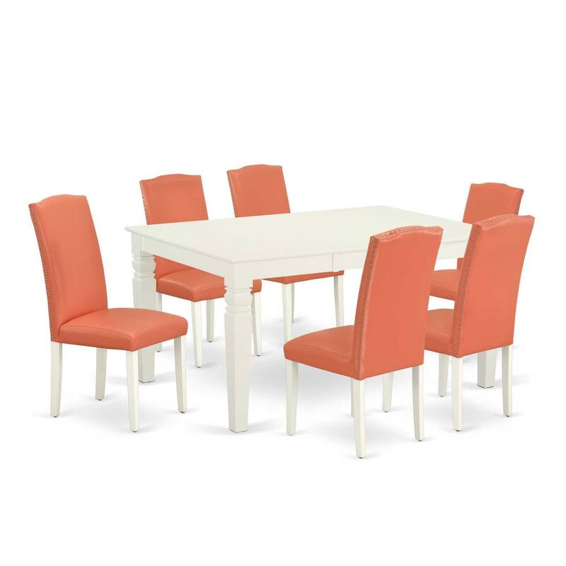 Boho Dinette Set 7Pc Rectangular Table & 6 Chairs Pink Flamingo Linen White Legs