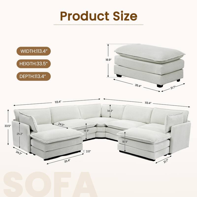 7-Seater Corduroy Sectional Sofa with 2 Removable Ottomans & Corner Seat, Soft & Comfortable - 5 Seats with 2 Ottoman