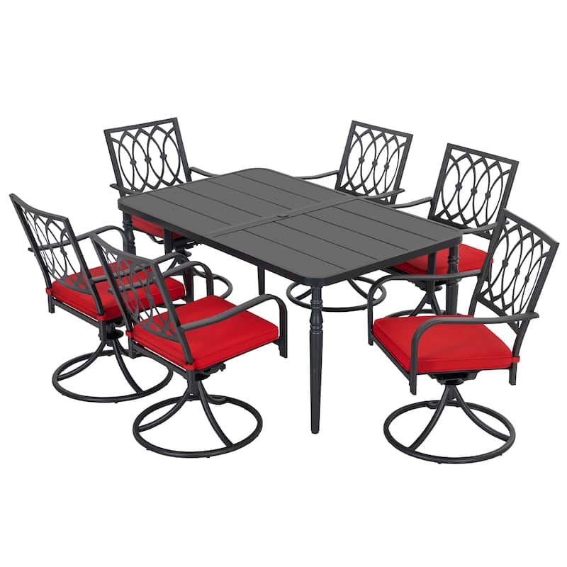 Metal Patio Dining Set with Umbrella Hole, Swivel Chairs with Cushions