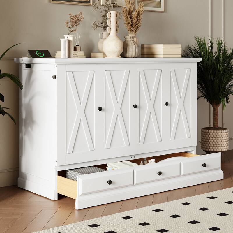 Solid Pine Murphy Bed Chest Cube Cabinet Bed with Charging Station and Large Storage Drawer for Home Office or Small Room