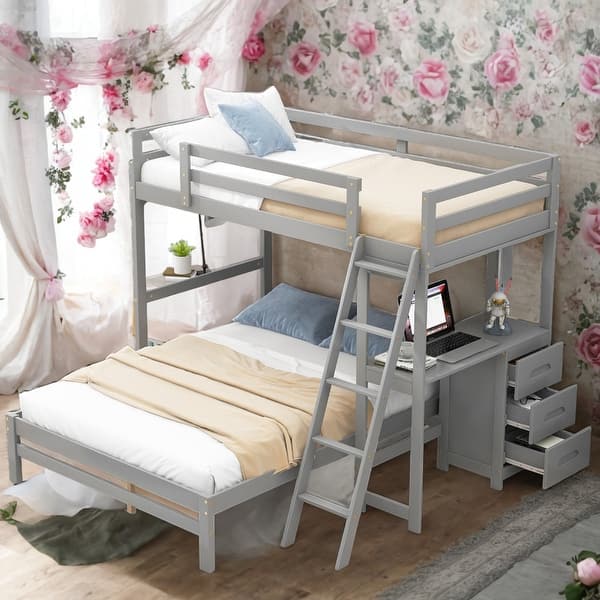 slide 2 of 42, Modern Twin Over Full Bunk Bed With Built-in Desk And Three Drawers,Large Storage Space for Bedroom Grey
