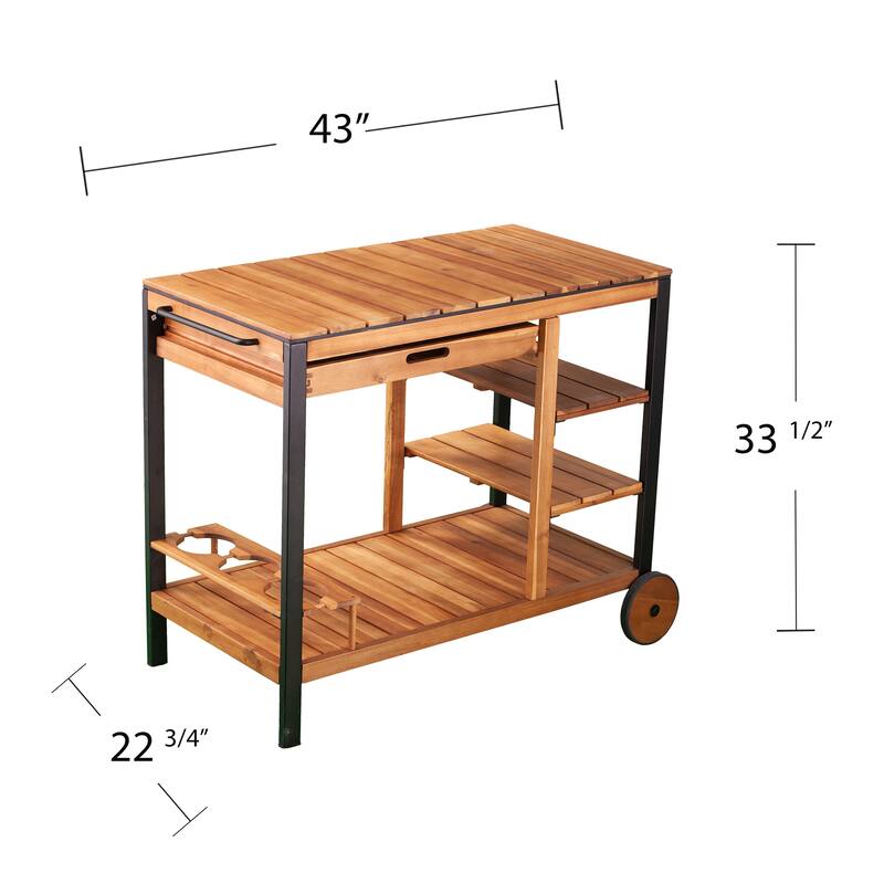 SEI Furniture Murston Natural Acacia Wood Outdoor Bar Cart with Storage and Bottle Holder