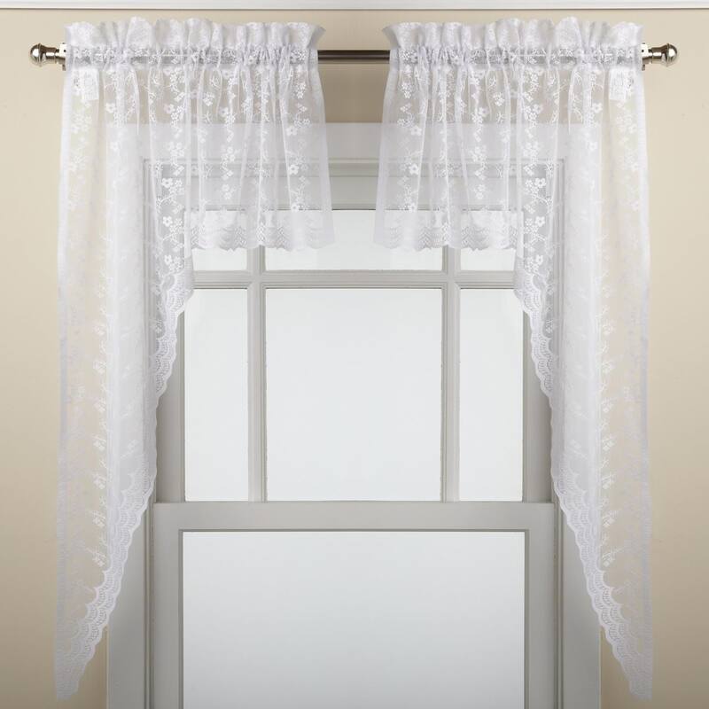 Elegant White Priscilla Lace Kitchen Curtain Pieces - Tiers/ Swag/ Tailored Valances - Swag Pair