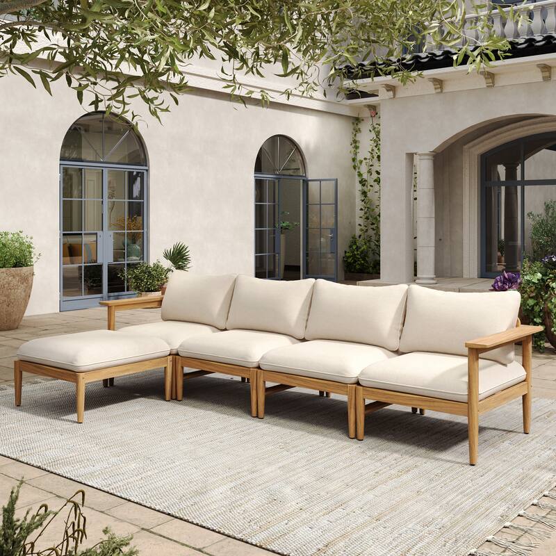 Christopher Knight Home - Terassi 5-Piece Acacia Wood Outdoor L-Shaped Sectional Sofa Set with Ottoman, Light Teak Finish - Beige,Light Teak Finish