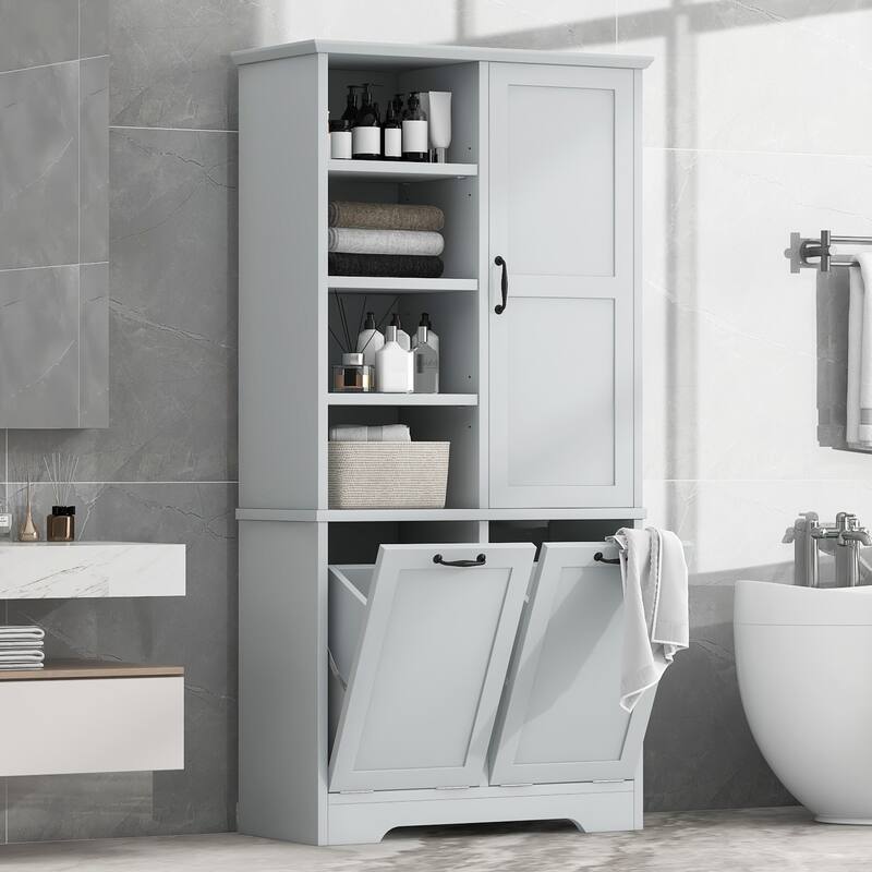 Bathroom Storage Cabinet with Doors and Drawers, Tilt-Out Laundry Hamper - Grey