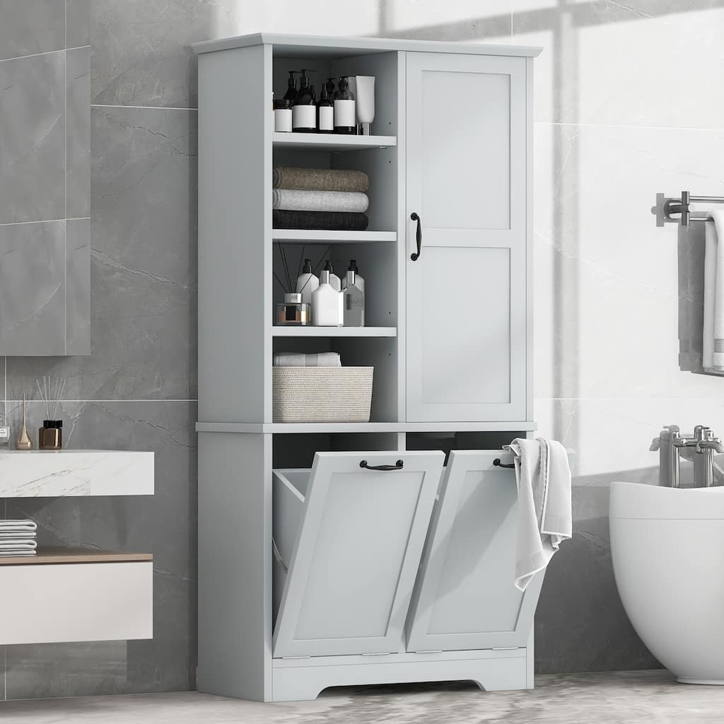 Bathroom Storage Cabinet with Doors and Drawers, Tilt-Out Laundry Hamper