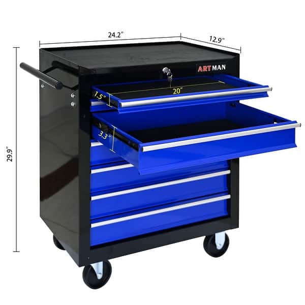 dimension image slide 4 of 6, 7 Drawer Rolling Tool Cart Lockable Steel Tool Chest with Wheels