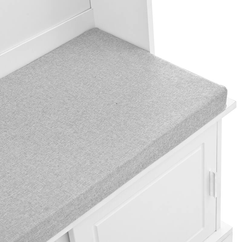 Roomfitters Elegant Hall Tree with Cushioned Bench and Sliding Doors, Mudroom Shoe Storage Cabinet with 6 Silver Hooks