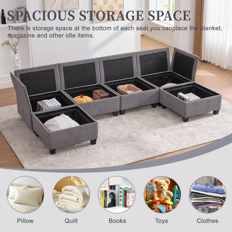 HOMEFUN 6-Seat Polyester Upholstered U-Shaped Modular Storage Sleeper Sectional Sofa with Storage Ottoman
