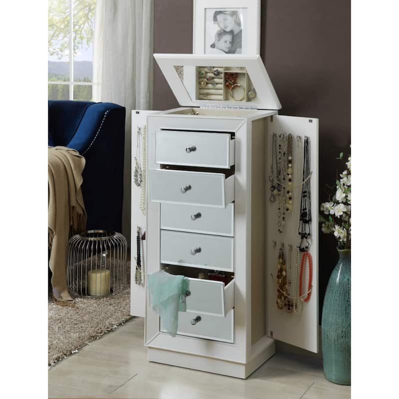 38" Freestanding White Jewelry Armoire with Mirror and Storage Drawers Side Hook Cabinets