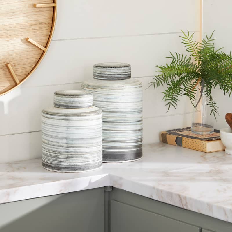 Ceramic Striped Decorative Jars - Set of 2 Gray - Roche River Decor - 8"W x 8"L x 13"H