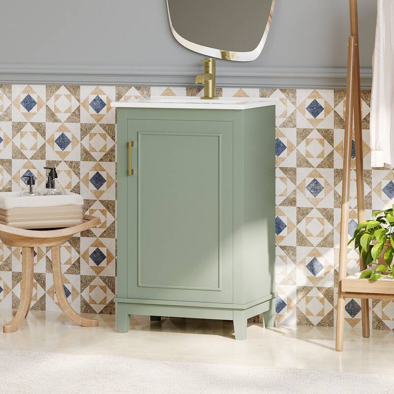20 Inch Modern Small Bathroom Vanity Cabinet With Ceramic Basin,Ample Storage,1 Soft Close Doo