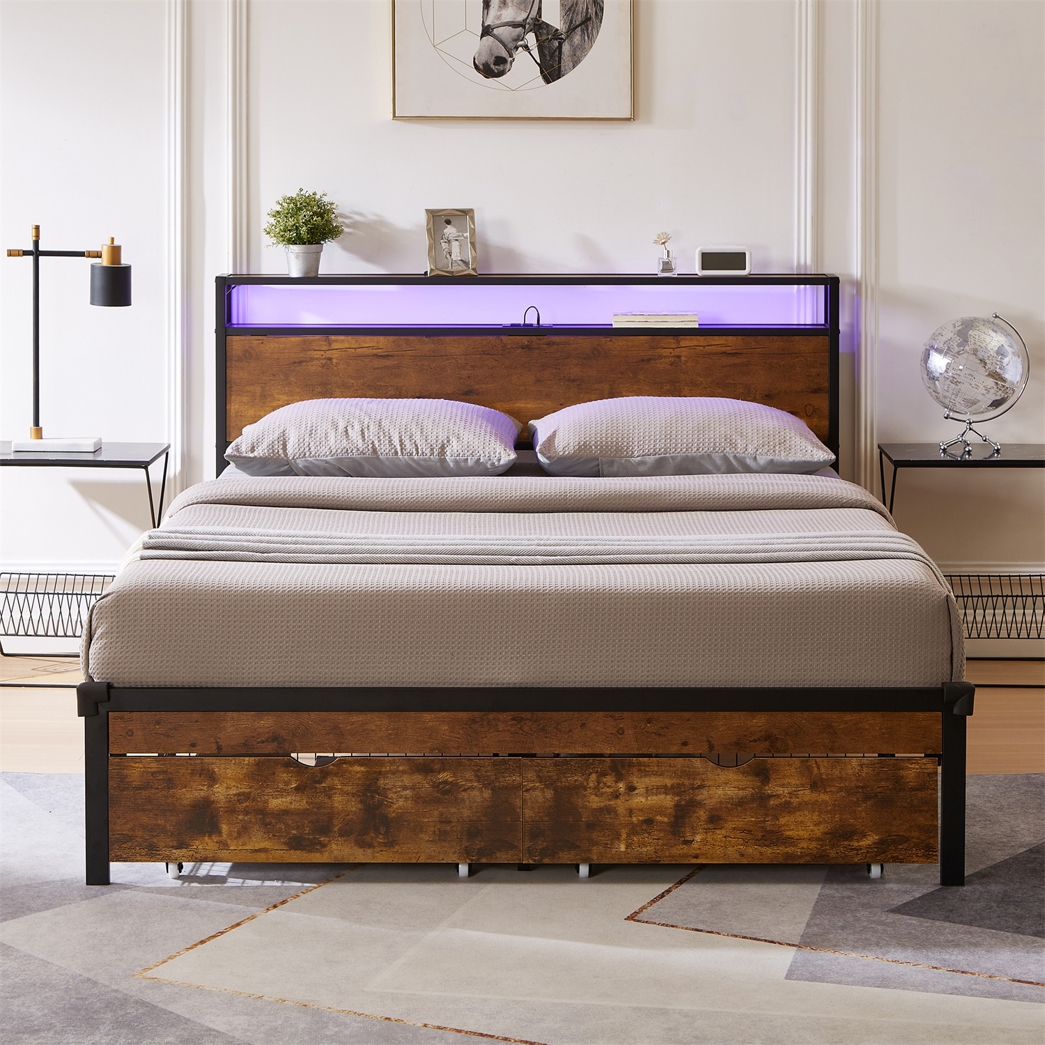 Queen Size Metal Platform Bed Frame w/ USB, Charging Station,2 Drawers