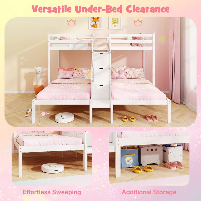Gymax Wooden Twin Over Twin & Twin Bunk Bed w/ 4-Step Storage