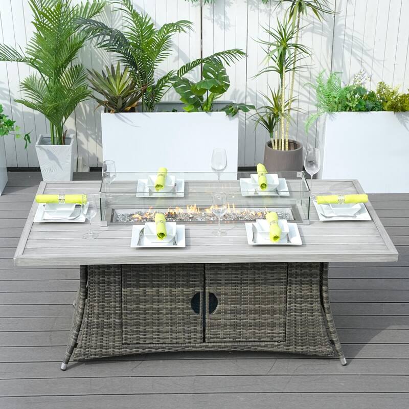 7-piece Outdoor Wicker Patio Dining Set with 6 Chairs and Aluminum Table Top Fire Pit Table