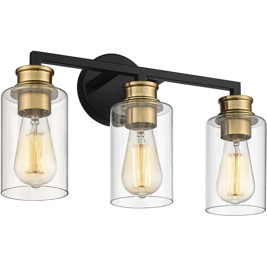 3-Light Modern Bathroom Light with Clear Glass,Black and Gold Finish