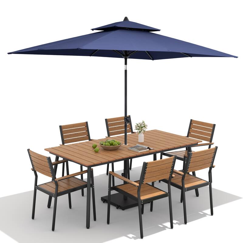 9-Piece Outdoor Dining Set Aluminum Table and 8 Stackable Chairs and 10 ft Umbrella with Base