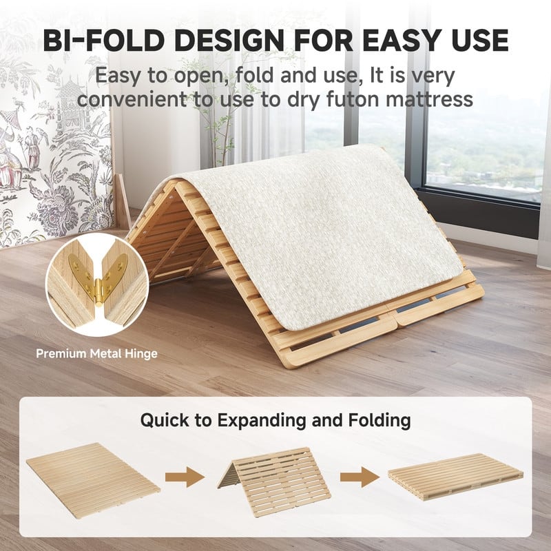 Solid Pine Wood Foldable Slatted Bed, Tatami Mat Floor Sleep Bedding