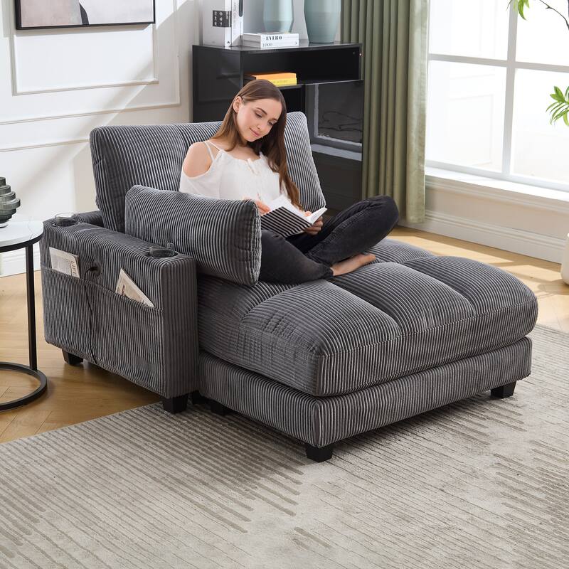Oversized Corduroy Upholstered Single Chaise Lounge Sofa Couch Switchable Armrest with Cup Holders, USB Ports and Pockets