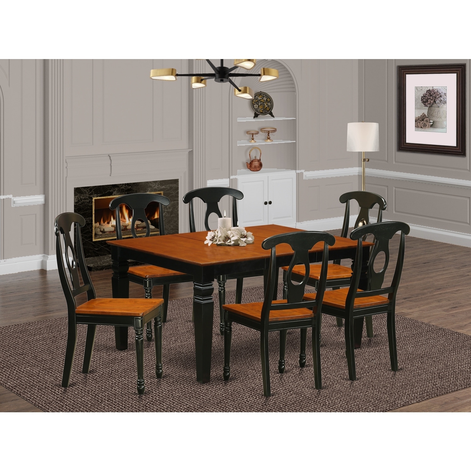 HomeStock 7-Piece Black and Cherry Finish Solid Wood Top Dining Table with 6 Chairs