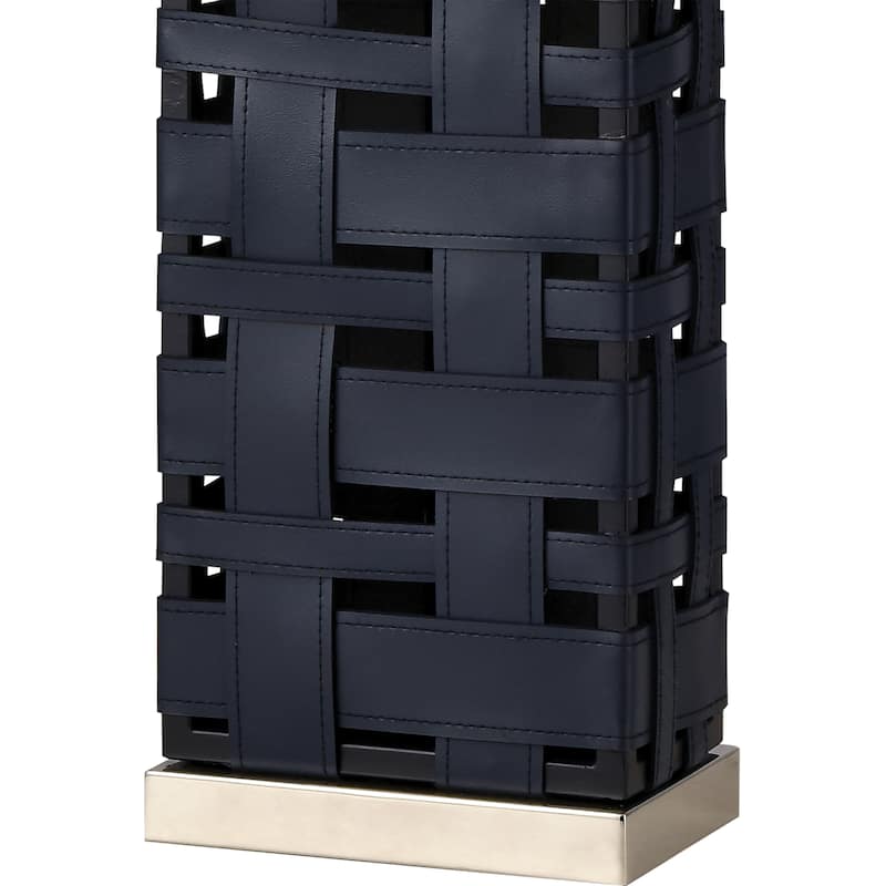 Strapped Down Table Lamp in Polished Nickel and Navy Blue with a White Linen Shade