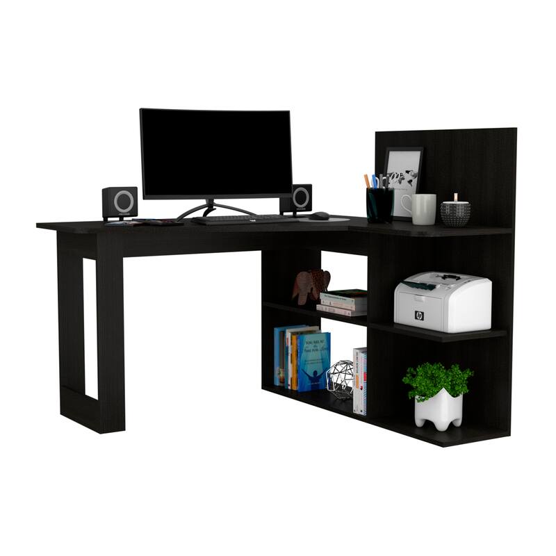 L-Shaped Writing Computer Desk with 5 Open Shelves, Right Return, and Stylish Hutch for Home Office or Study