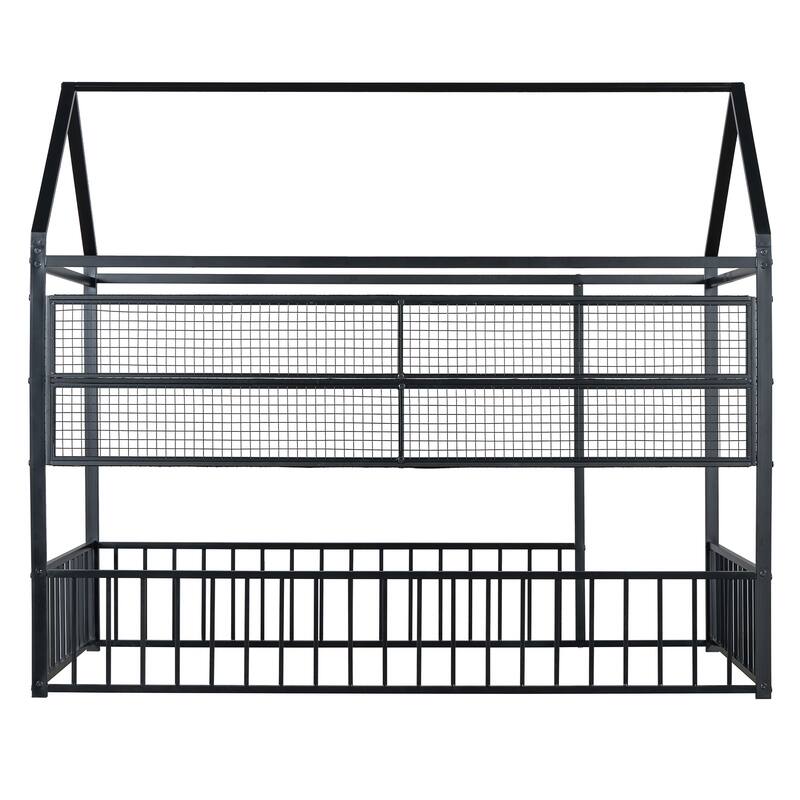 Full Size Metal House Bed Frame with Built-In Grid Shelves, Playful Canopy Design and Space-Saving Storage