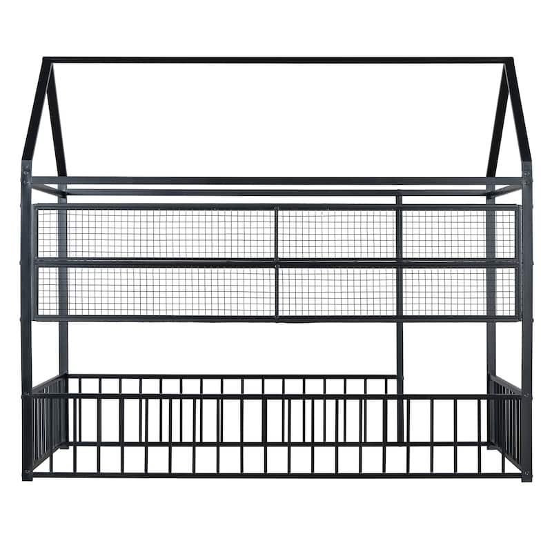 Twin Metal House Bed Frame with Storage Shelves & Fence