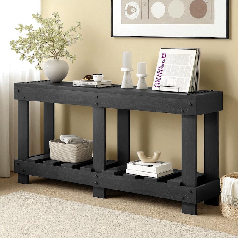 62.9" Vintage Fir Wood Entryway Console Table with Metal Rivet Accents, 6 Legs and Open Shelf Storage