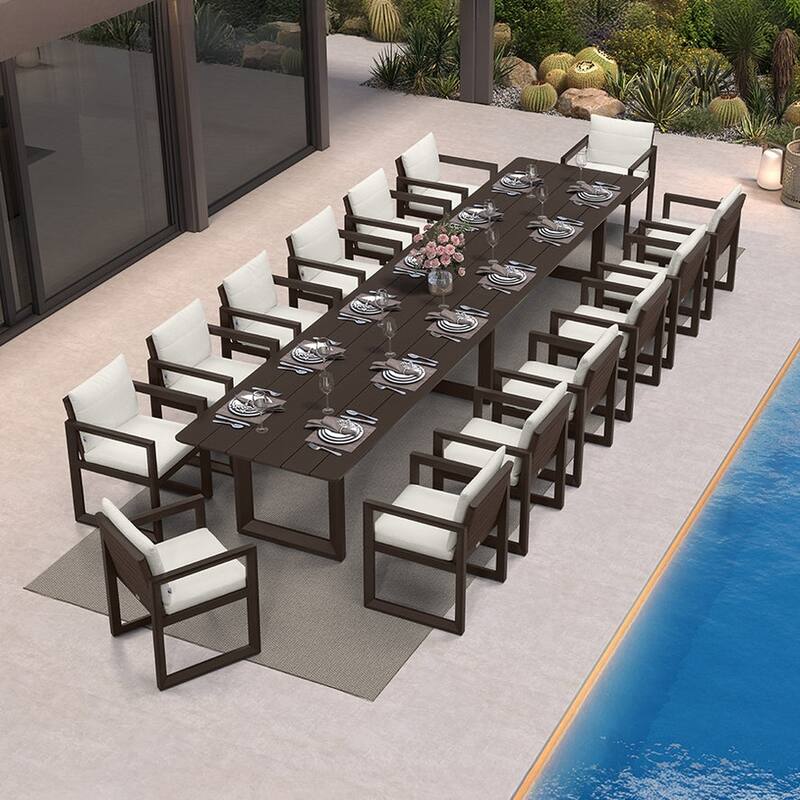 PURPLE LEAF Caesar Outdoor Dining Set Aluminum Luxury Patio Furniture with Olifen Removable Thick Cushion and Pillow-Bronze - 15-Piece（480）