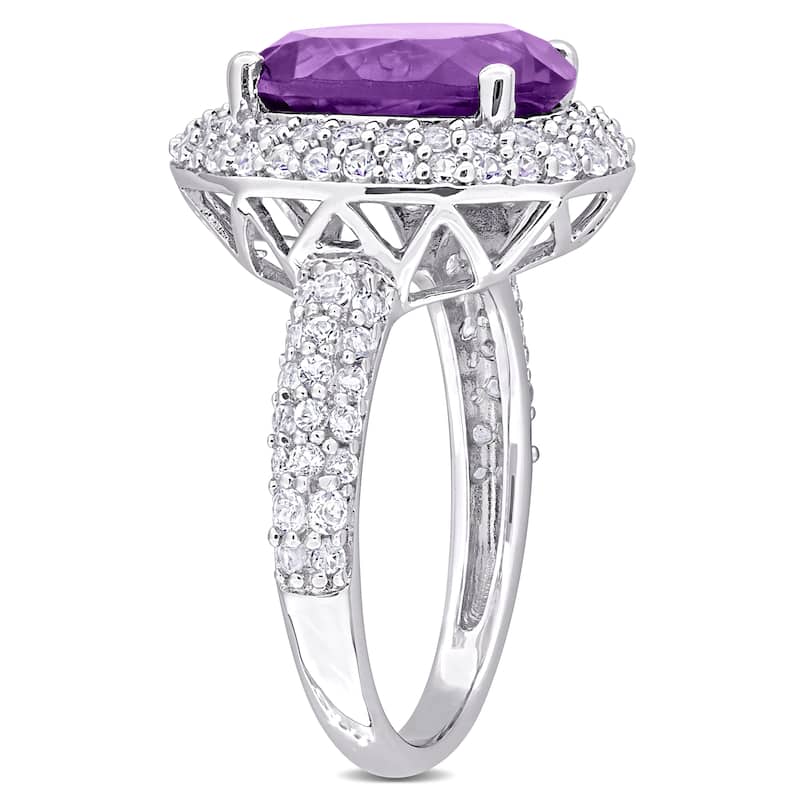 Miadora 5 1/3ct TGW Oval-Cut Amethyst and White Topaz Double Halo Ring in Sterling Silver