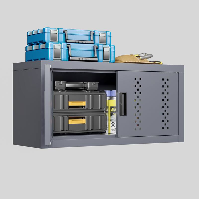 Roomfitters Wall Mounted Metal Garage Cabinet, Floating Tool Storage Organizer with Door, Steel, Gray