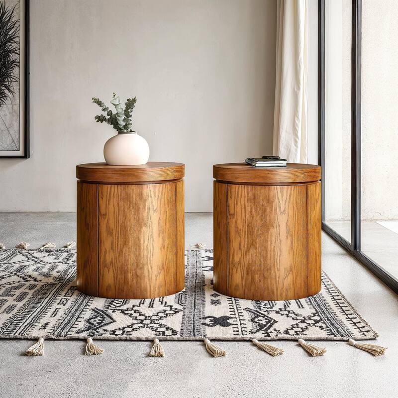 Walker Edison Modern Solid Oak Wood Round Side Tables with Storage (Set of 2) - Medium Brown Oak