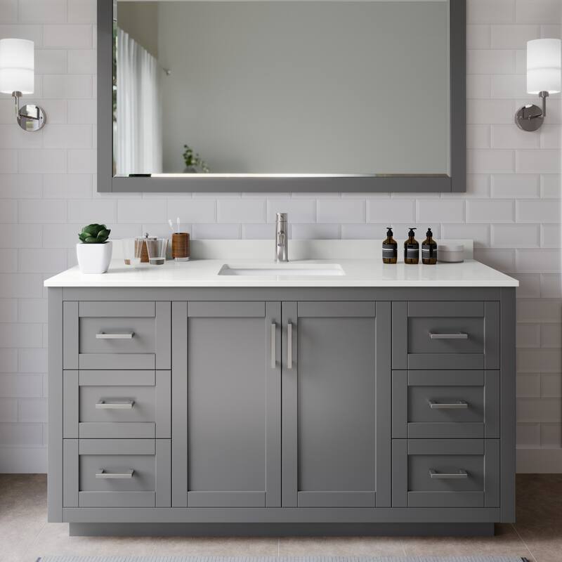 Wyndham Collection WCF292960S-QTZ-UNSM58 Miranda 60" Free Standing - Dark Gray / White Quartz Top / Brushed Nickel